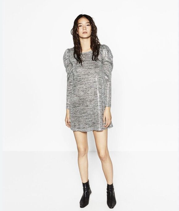 Zara Dresses & Skirts - ZARA WOMEN'S HEATHER GRAY THIN KNIT LONG PUFF SLEEVE SEQUIN‎ MINI DRESS Sz Large